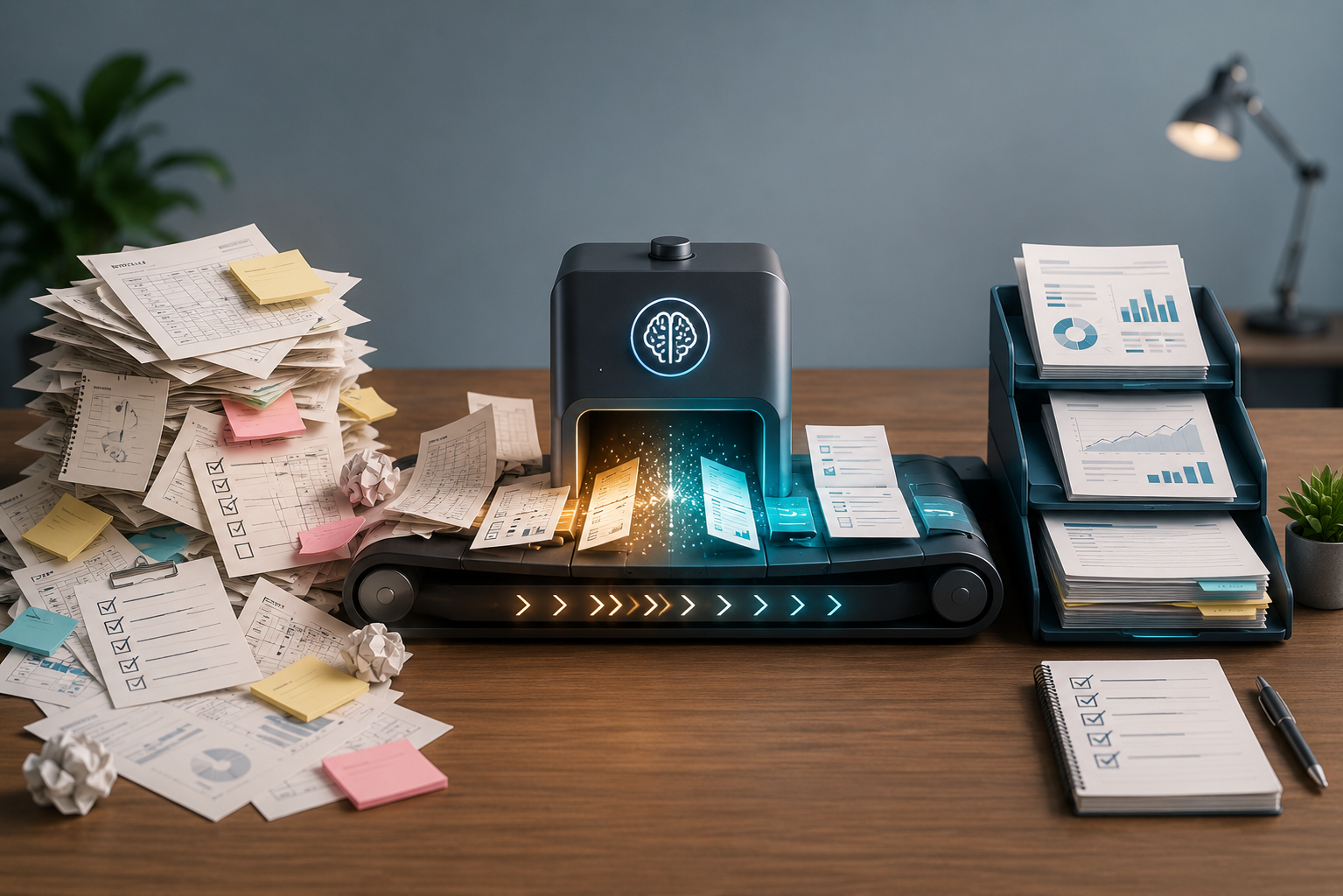 Innovative document processing system with stacked papers and digital elements.