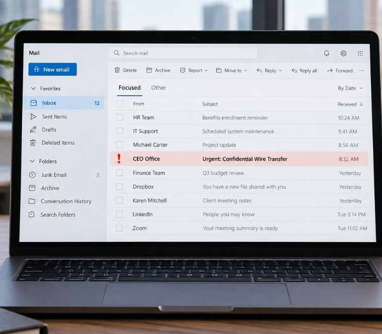 Laptop displaying email inbox with urgent message from CEO Office.