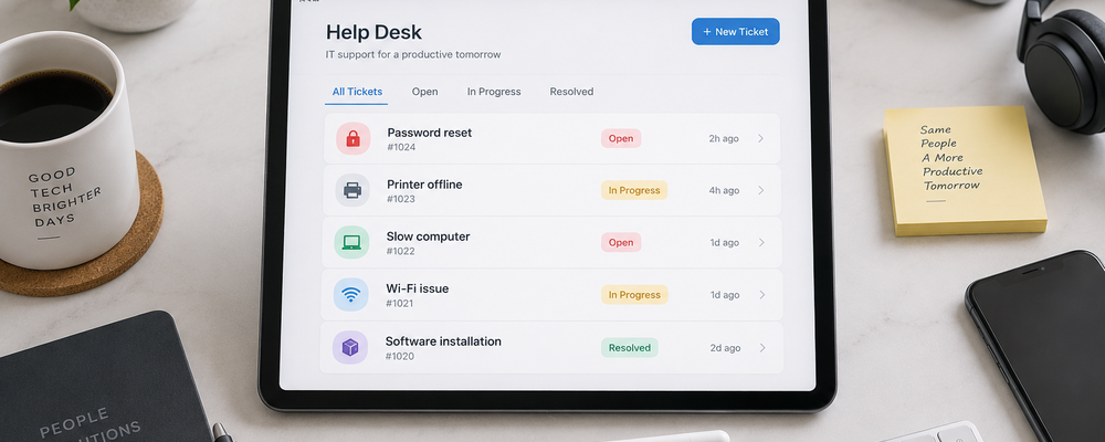 IT help desk interface displaying support tickets on a tablet.