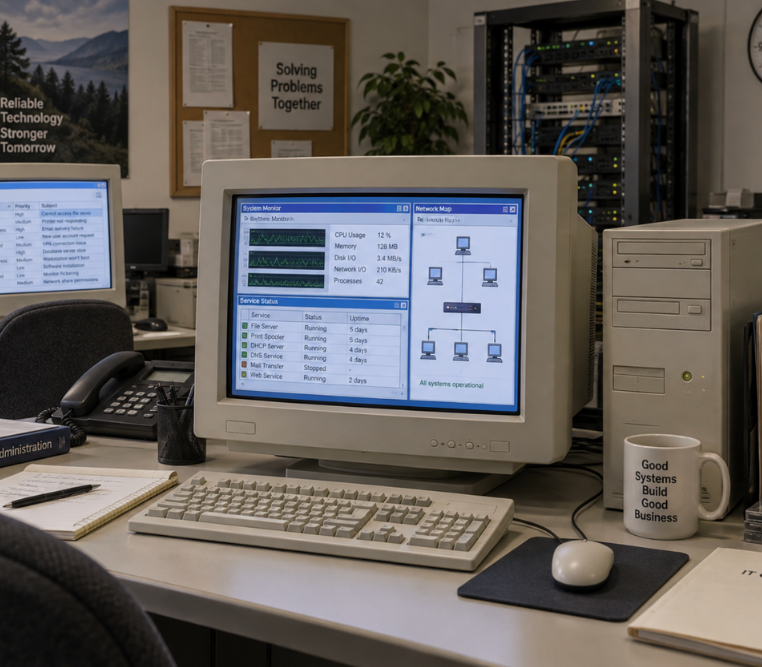 IT office workspace with computers, network equipment, and support documentation.