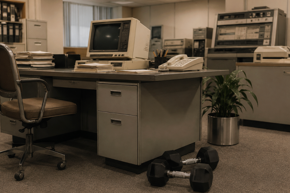 Vintage office space with computer, telephone, and dumbbells on the floor.