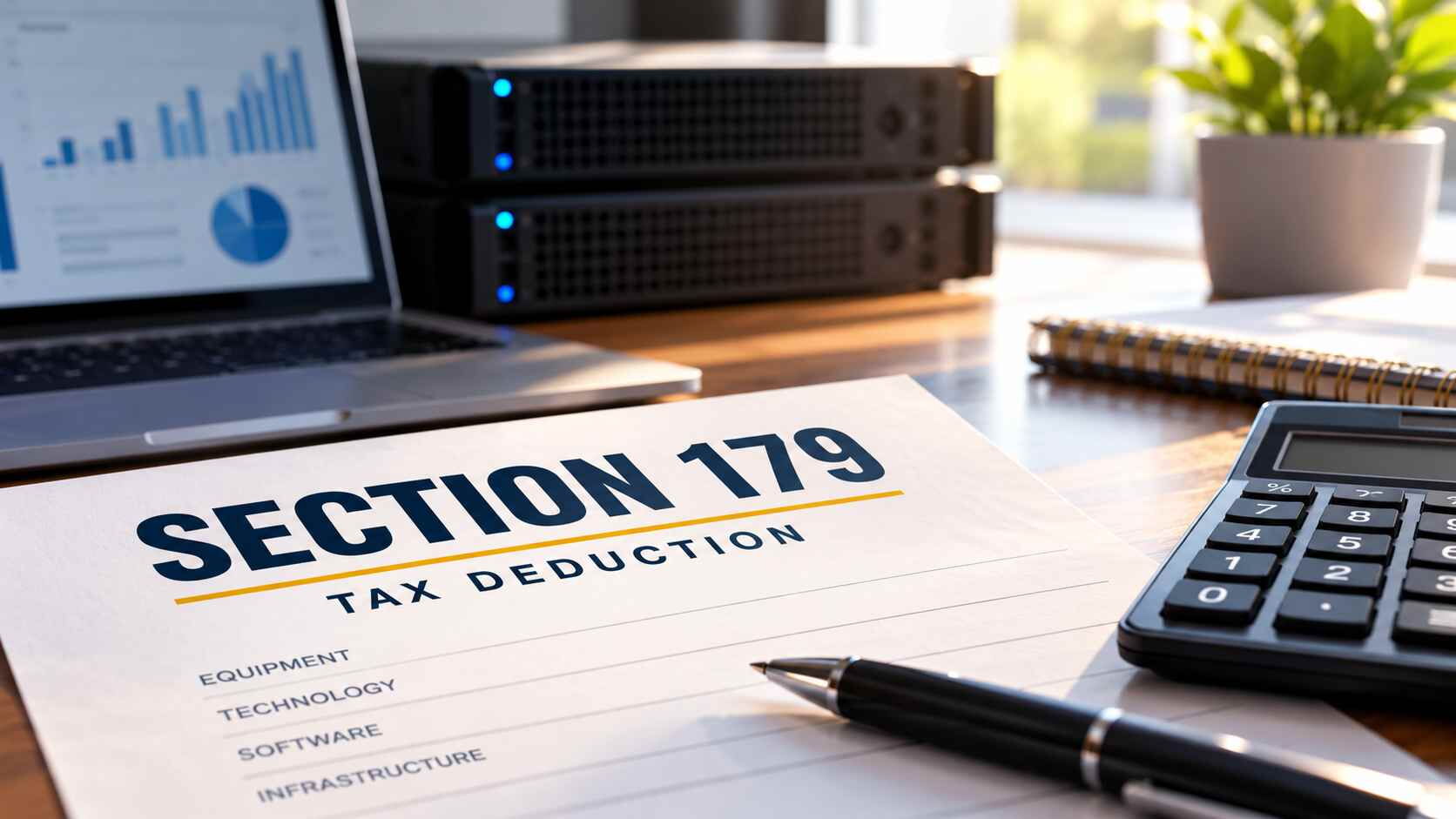Section 179 tax deduction document with calculator and laptop on a desk.