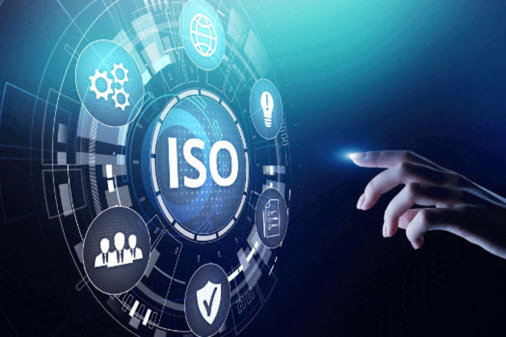 Digital interface showcasing ISO standards with hand interaction.