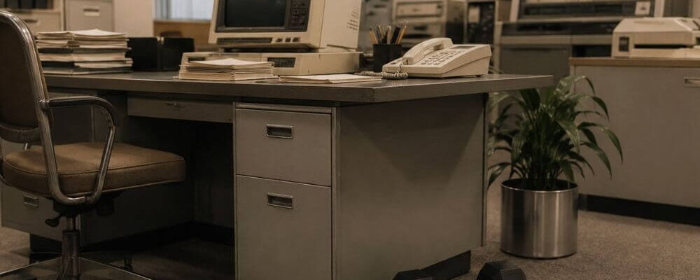 Office desk with an old computer, phone, and dumbbells on the floor.