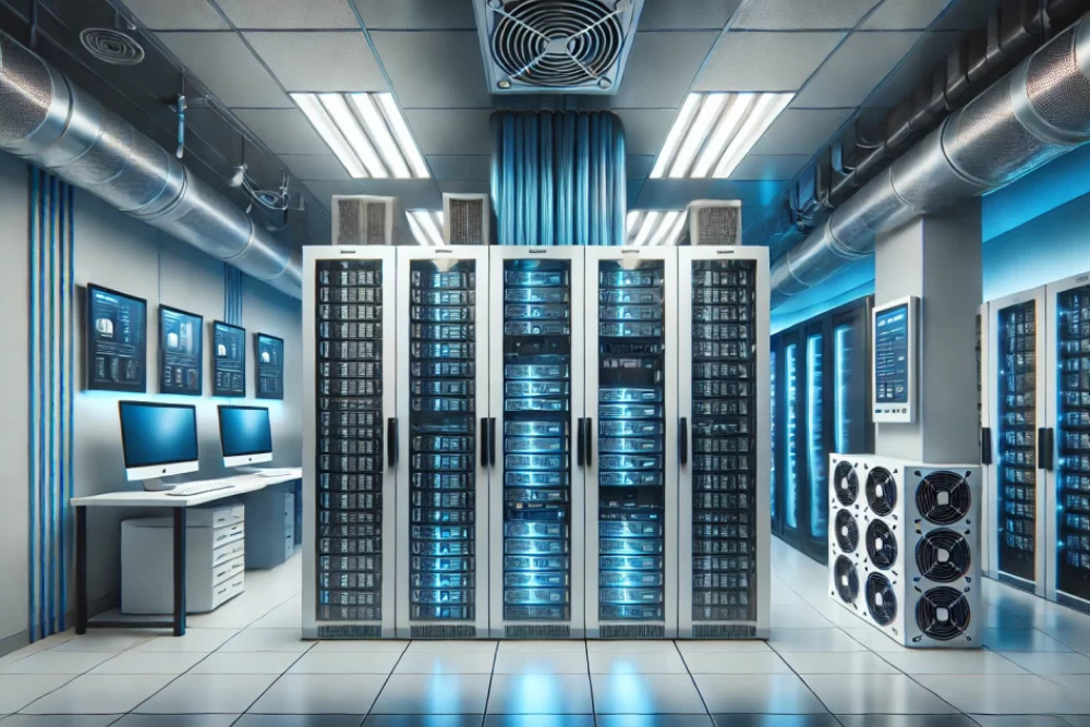 Modern server room with network racks and IT equipment