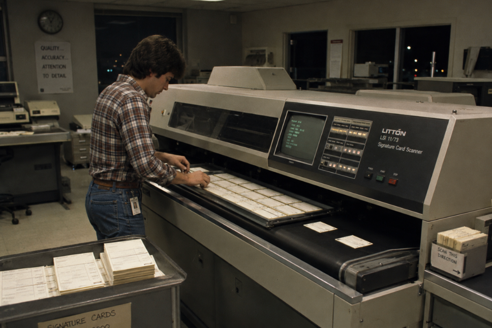 1980s worker using large signature card scanner