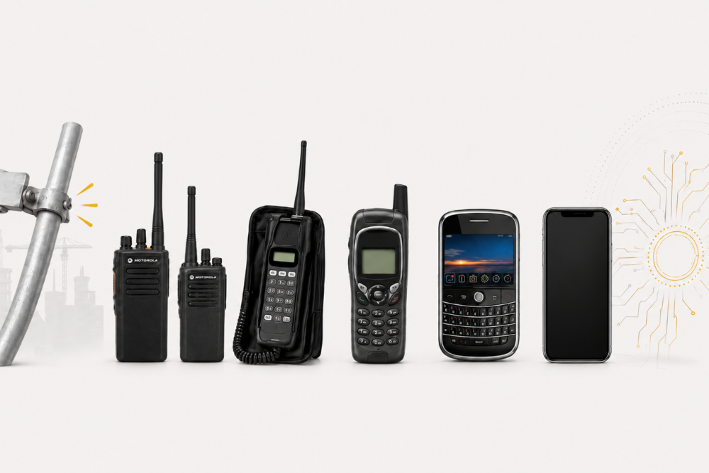 Evolution of communication devices from walkie-talkies to smartphones.