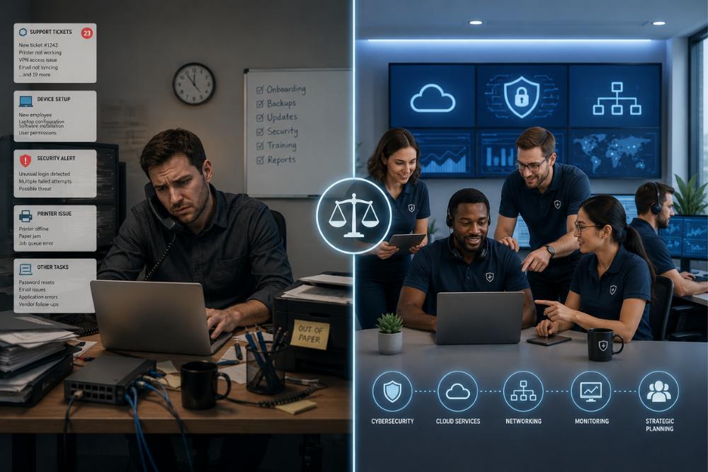 IT support team addressing technical issues in a modern office environment.