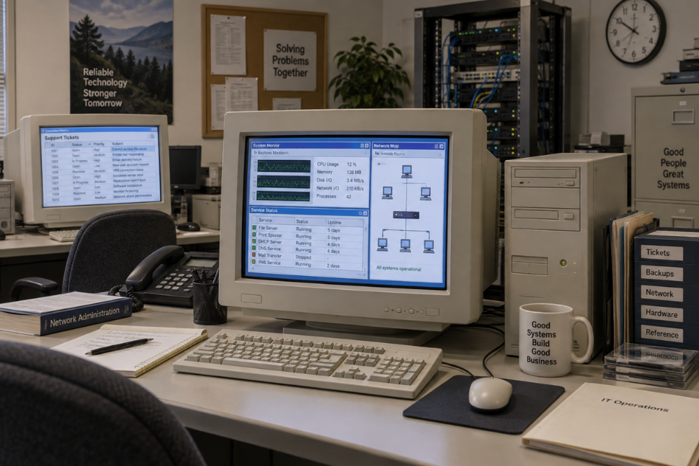 IT office workspace with computers, network equipment, and support documentation.