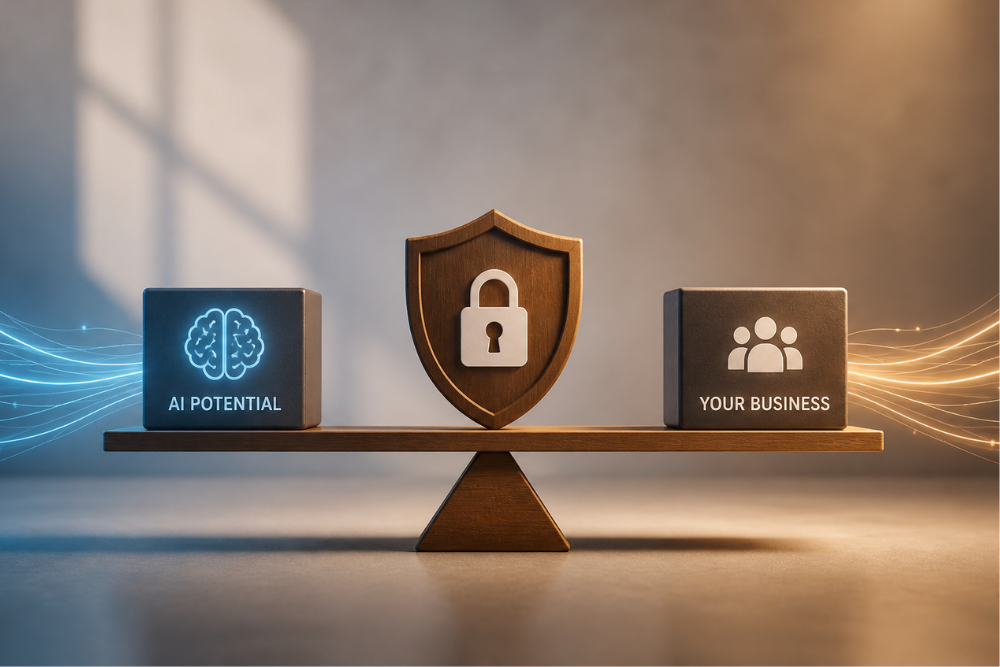 balanced scale with lock shield between ai and business