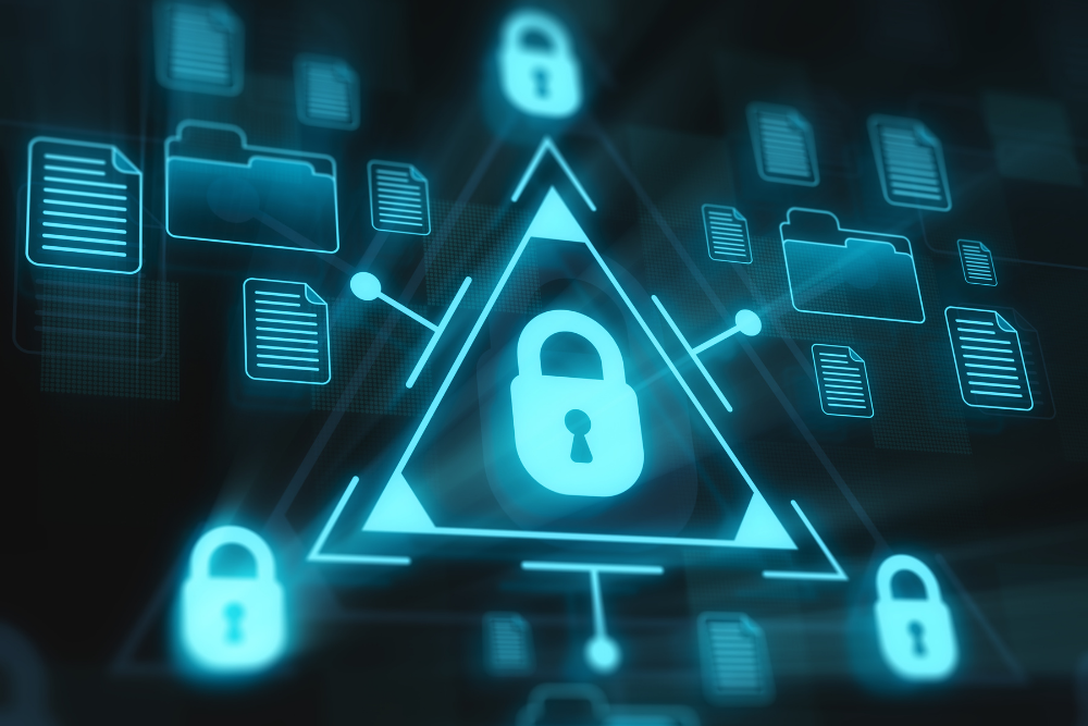 Digital security concept with padlocks and file icons on a dark background.